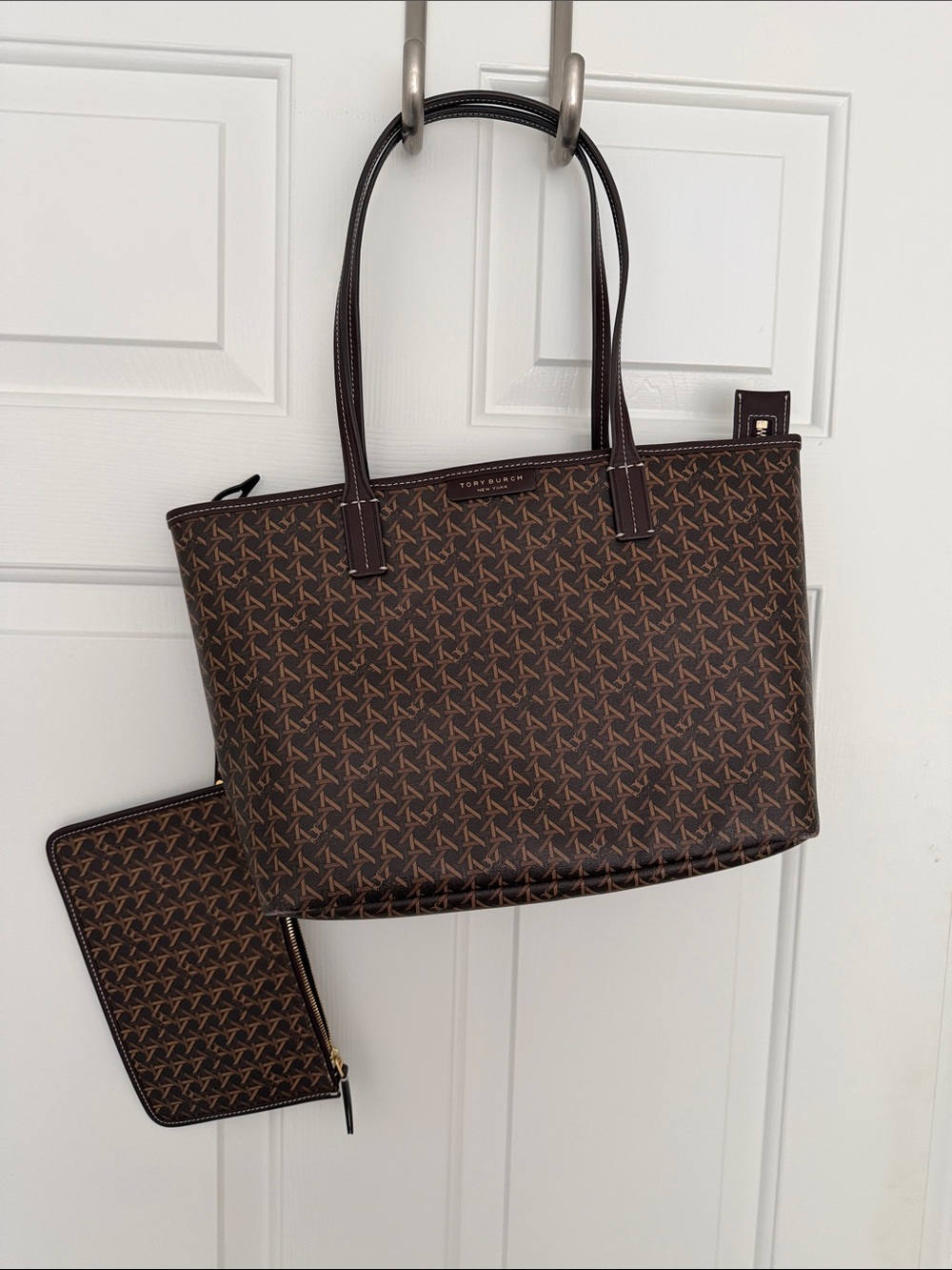 Tory Burch Brown Monogram Tote with Matching Zip Wristlet